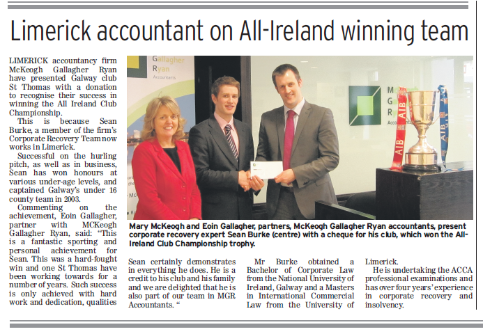 MGR Acccountants' Sean Burke wins the All Ireland Club Championships with  St Thomas - McKeogh Gallagher Ryan