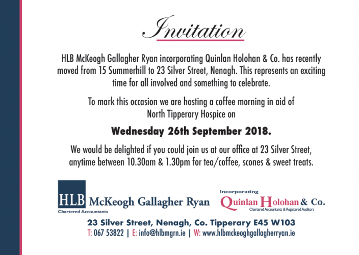HLB McKeogh Gallagher Ryan Nenagh Coffee Morning Invitation