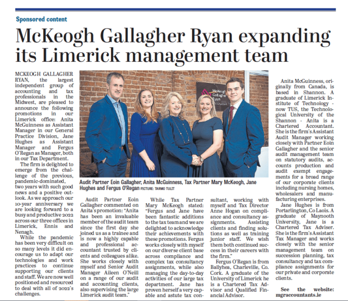 Limerick Leader article focusing on the promotions in McKeogh Gallagher Ryan's Limerick office