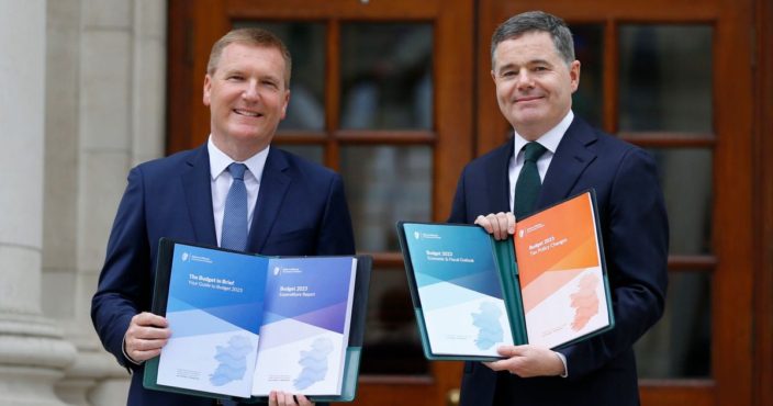 Michael McGrath, Minister for Public Expenditure and Reform and Paschal Donohoe, Minister for Finance, pictured with Budget 2023